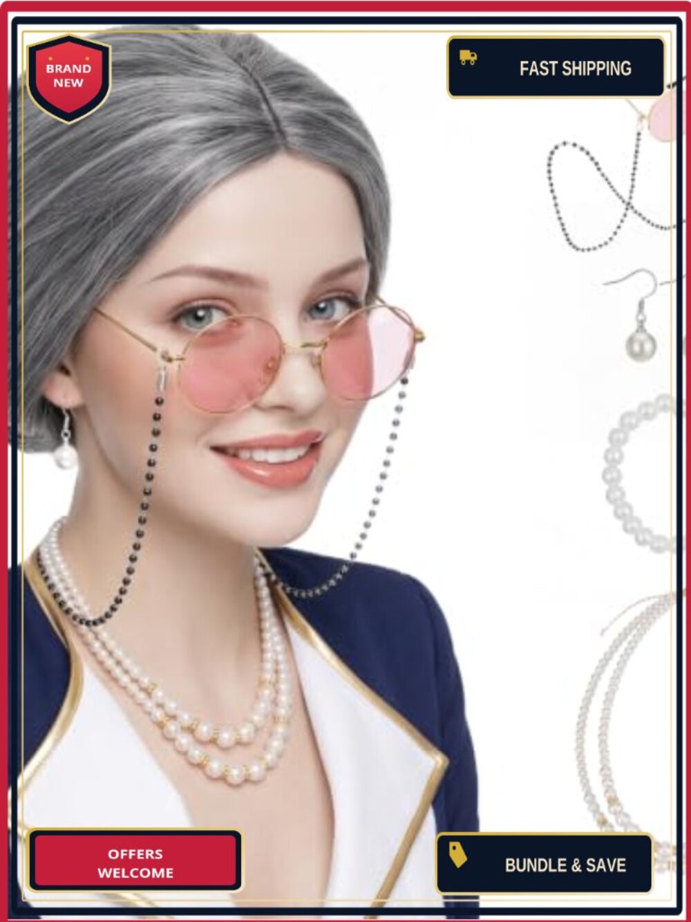 7PC Grandma Wig Set Salt and Pepper Old Lady Cosplay Costume Party